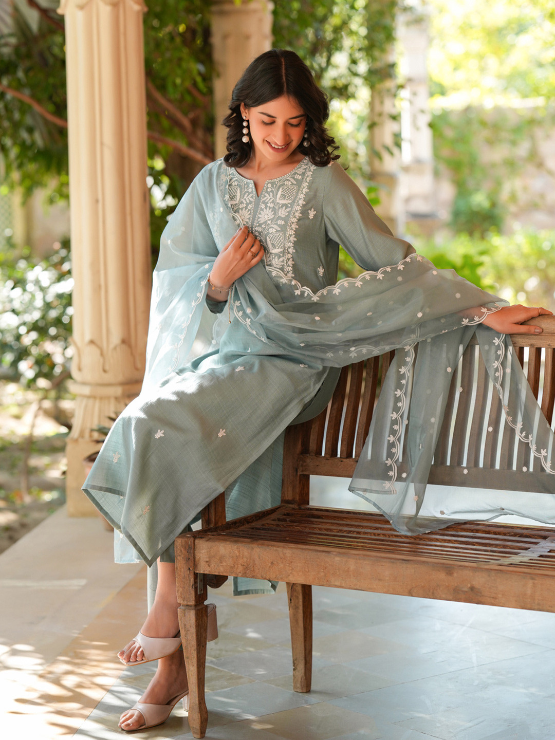 Janasya Women's Light Blue Silk Blend Embroidered Straight Kurta Set