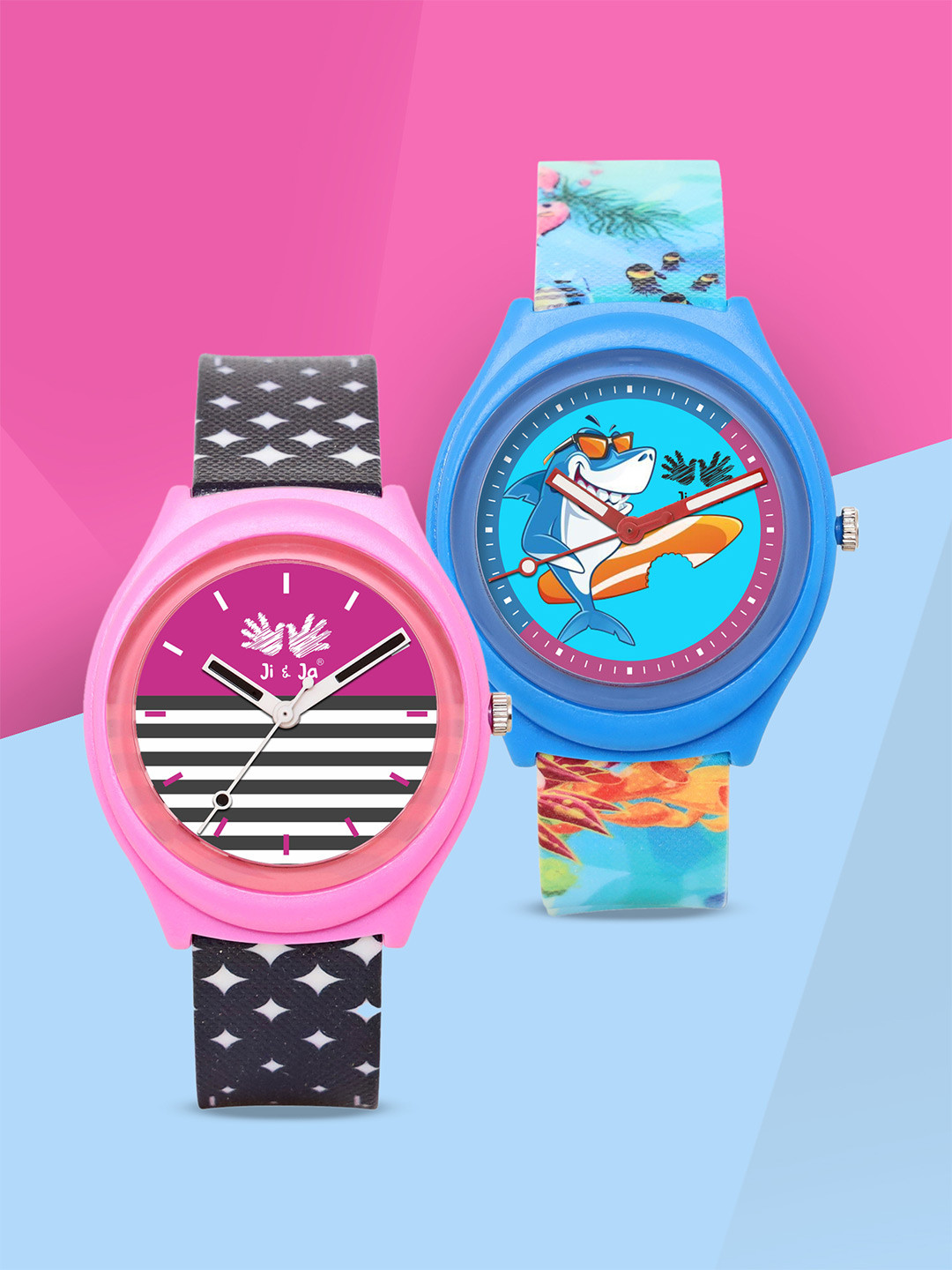JI & JA Kids Pack Of 2 Printed Dial & Straps Reset Time Analogue Watch JJ116112