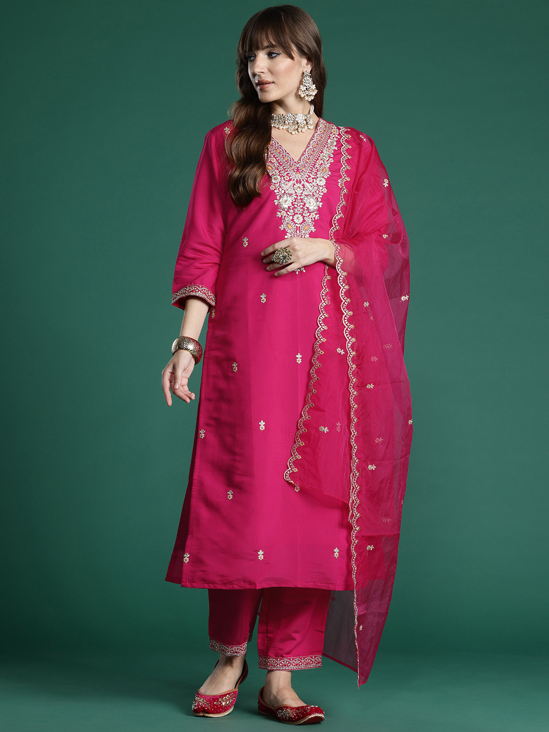 Indo Era Ethnic Motifs Embroidered Sequinned Kurta with Trousers & With Dupatta