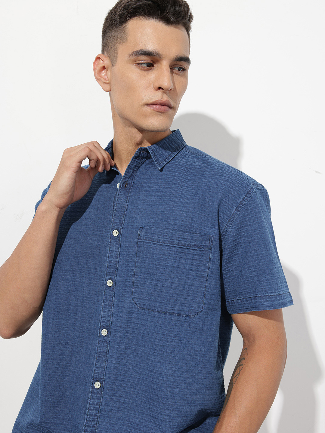 The Roadster Life Co. Denim Self Design Textured Relaxed Fit Shirt