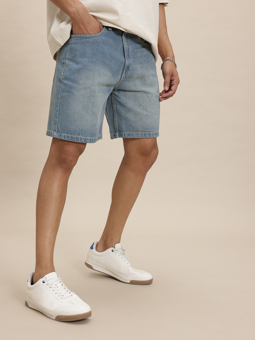 The Roadster Life Co. Men Washed Effect Mid-Rise Pure Cotton Relaxed Fit Carpenter Jorts