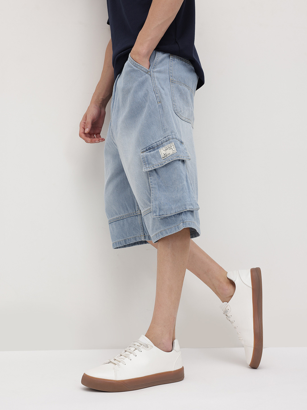 The Roadster Life Co. Men Washed Pure Cotton Denim Skater Fit Cargo Shorts