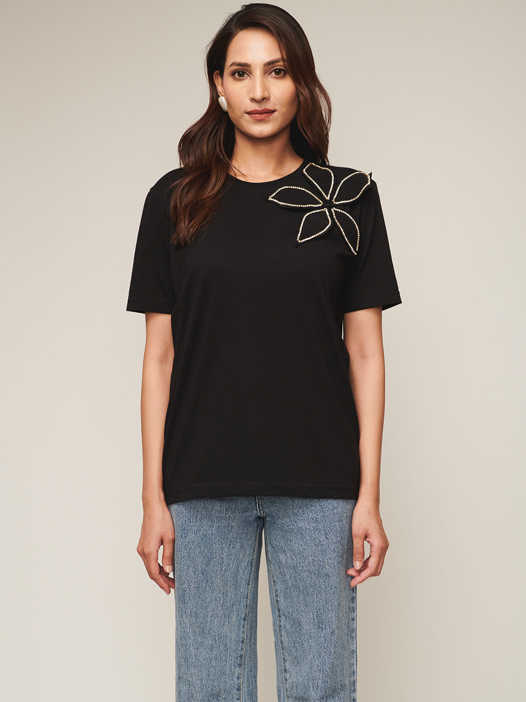 WEAVING CULT Women T-shirt With Rhinestone Flower