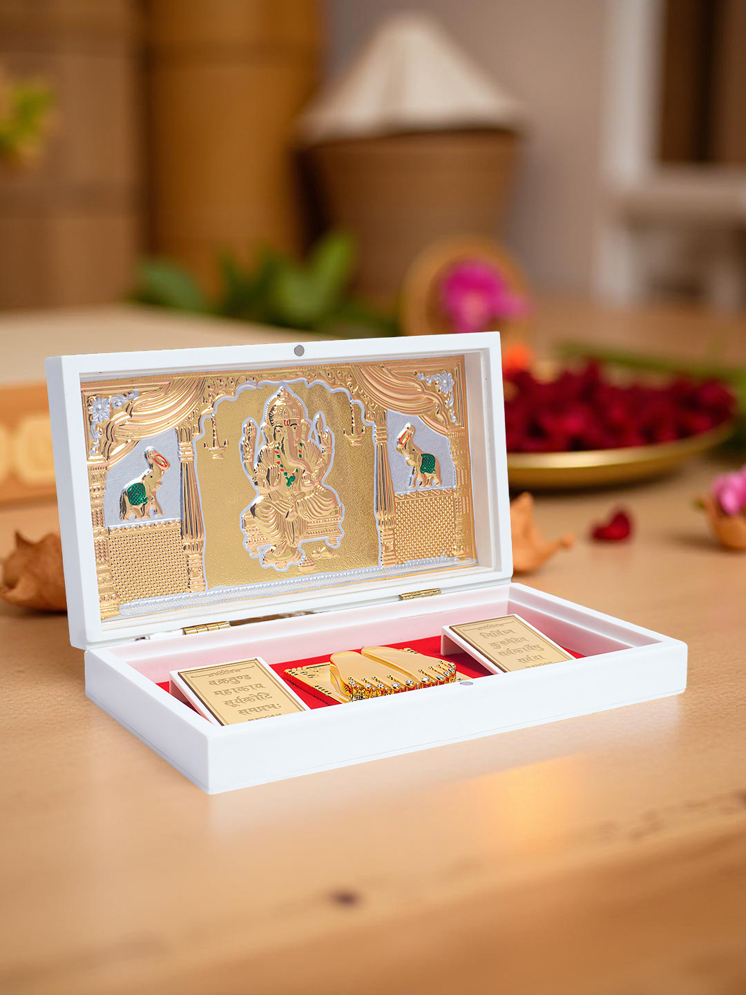Golden Peacock White & Red 24KT Foil Shri Ganesha Pooja Box