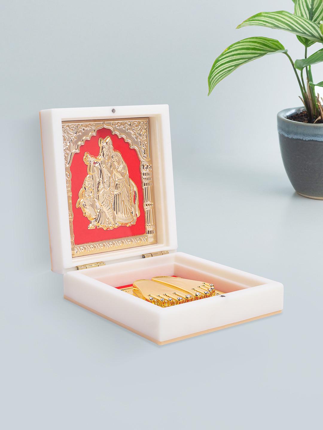 Golden Peacock 24KT White & Red Foil  Radhe Krishna Pooja Box