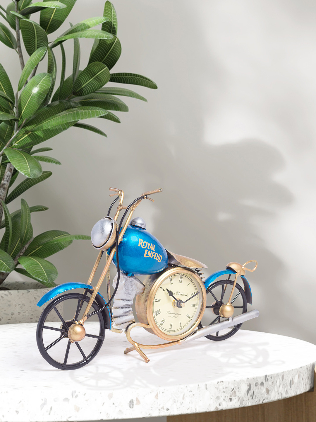 Golden Peacock Royal Enfeild Bike Blue Metal Metallic Study Room Small Showpiece - 3.3 Inches