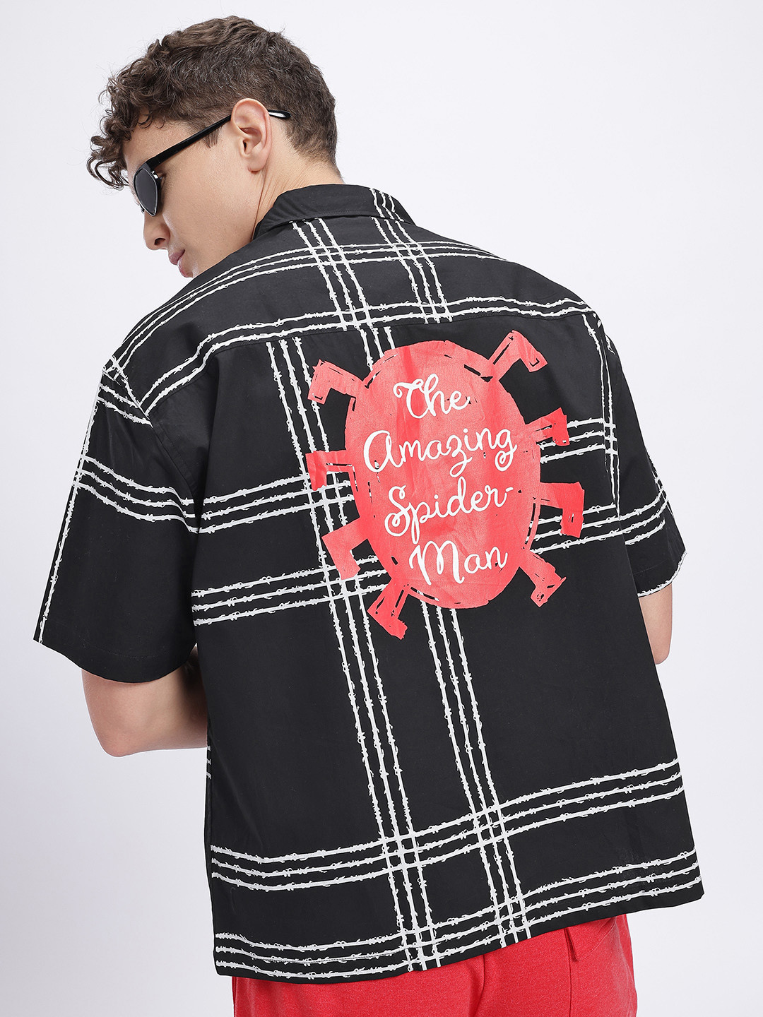 glitchez Spider-Man Print Checked Oversized Shirt
