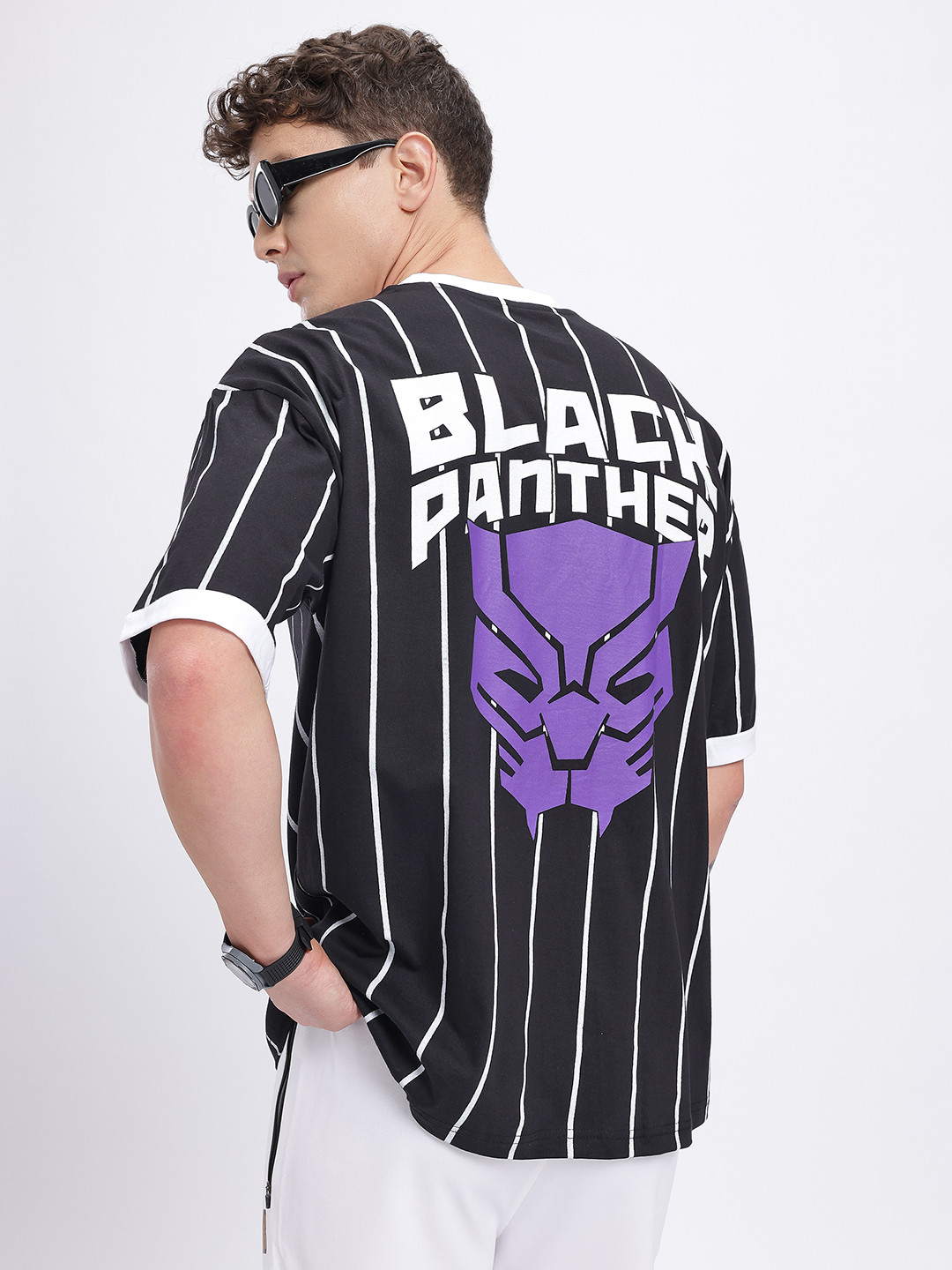 glitchez Marvel Black Panther Print Striped Oversized T-shirt
