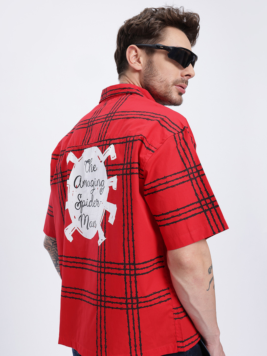 glitchez Spider-Man Print & Checked Oversized Shirt