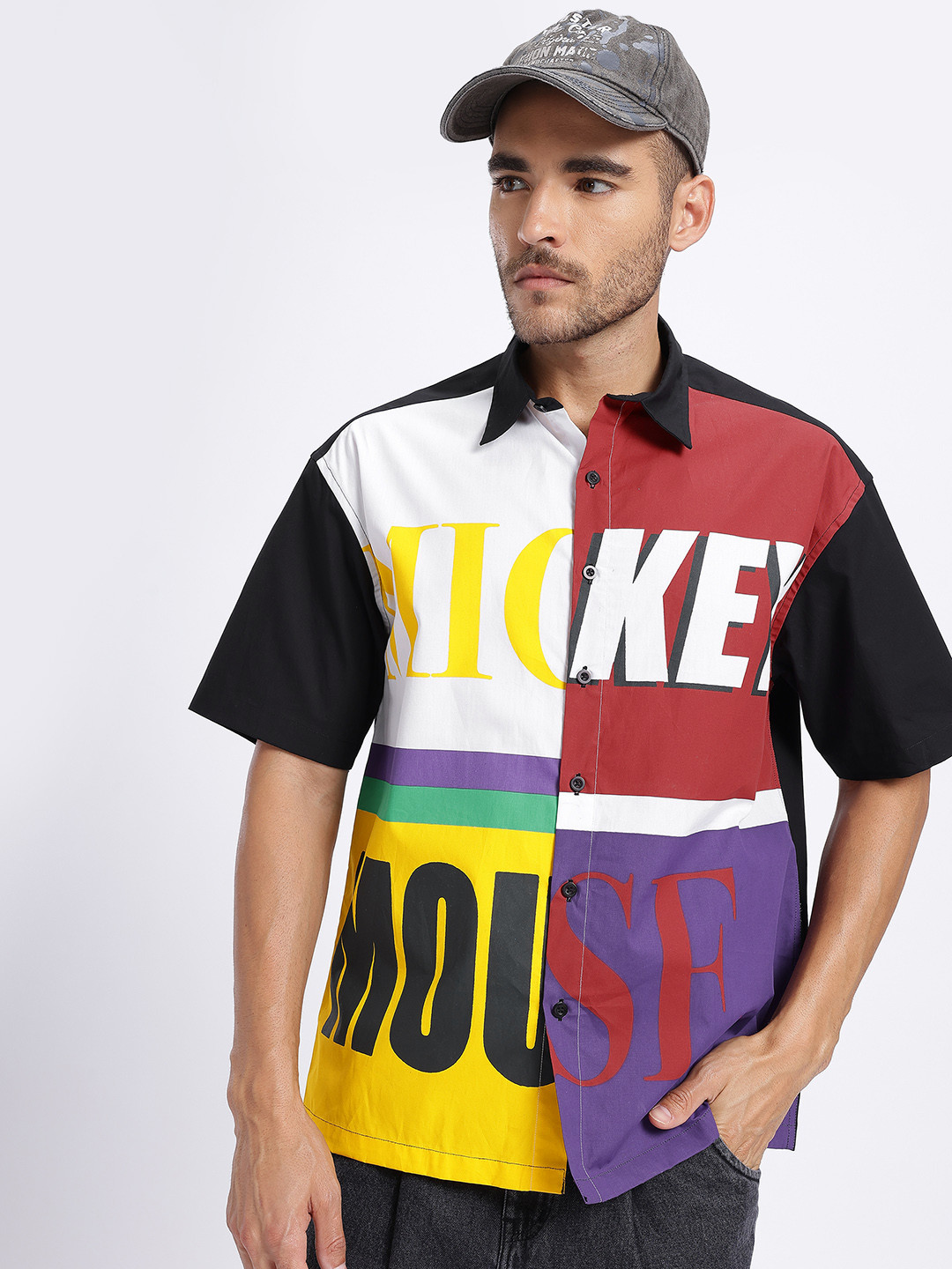 Disney by Glitchez Mickey Mouse Print Colourblocked Oversized Shirt