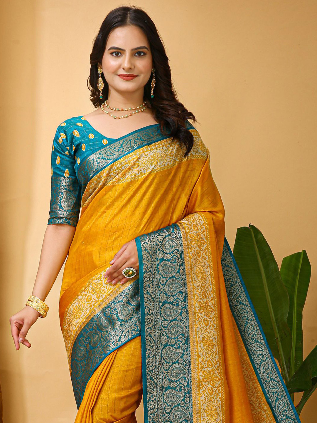 Anouk Rustic Checked Zari Silk Cotton Designer Taant Saree