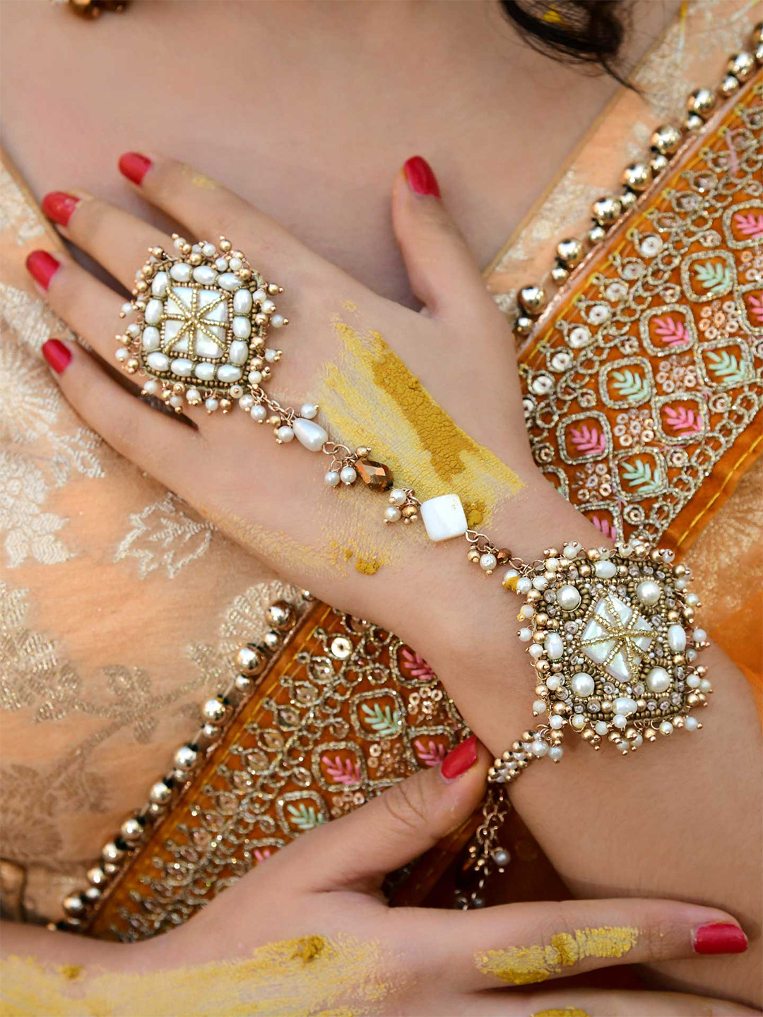 EVERSTYLISH Sanjoya Apsara Gold Pearl Ethnic Shell Haldi Bridal Hand Bracelet