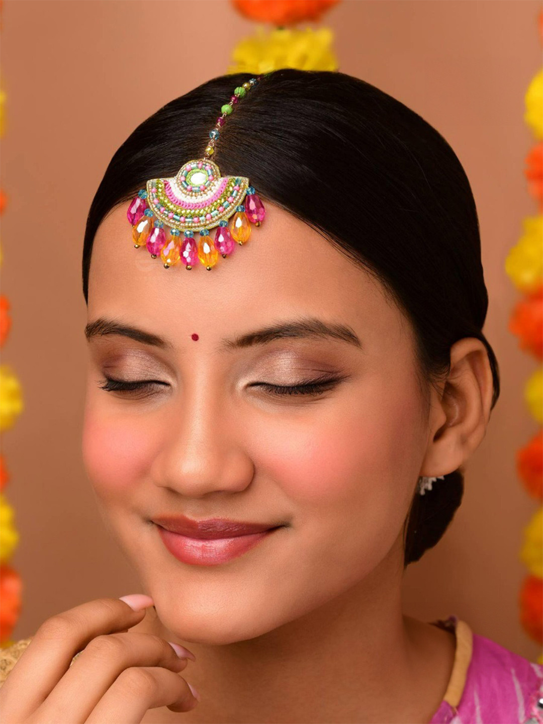 EVERSTYLISH Sanjoya Sequins, Beads & Glass Drop Embroidered Maangtika