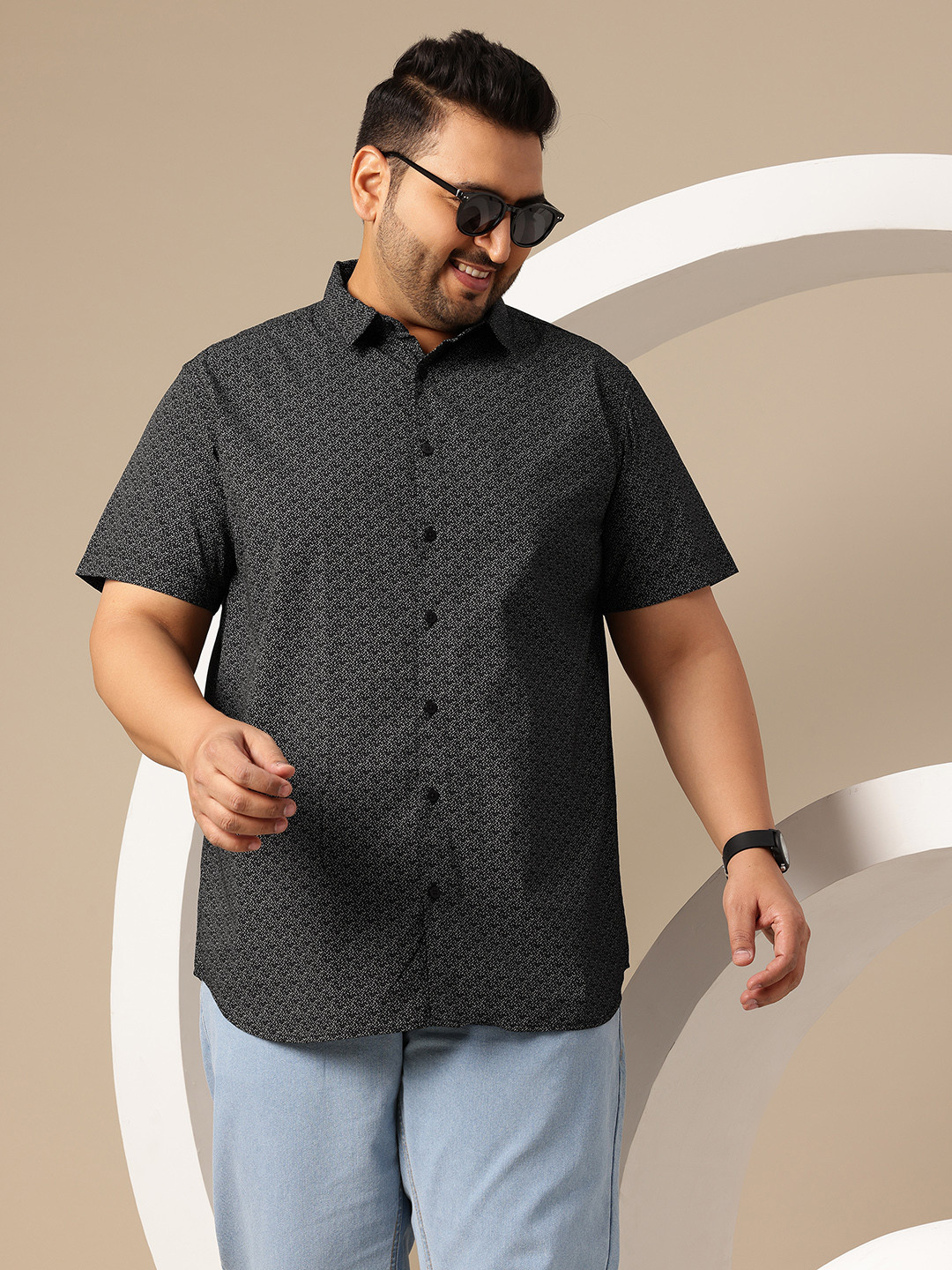 Sztori Plus Size Micro Ditsy Print Pure Cotton Casual Shirt