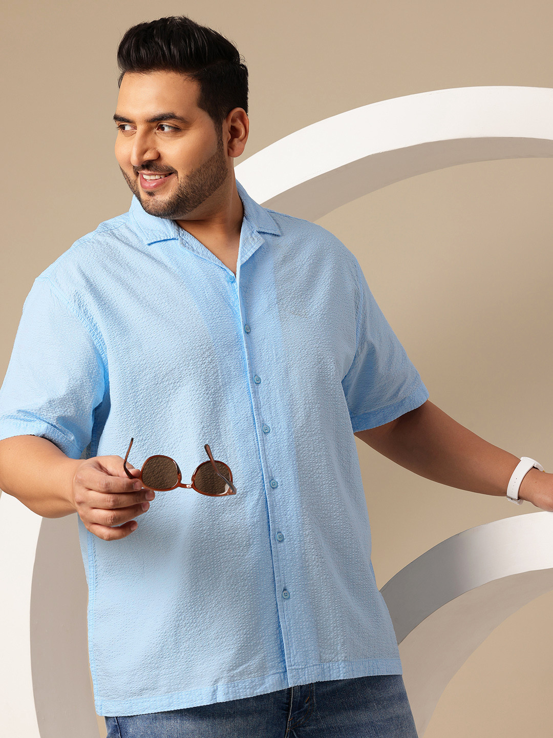 Sztori Plus Size Pure Cotton Seersucker Drop-Sleeves Cuban Collar Shirt