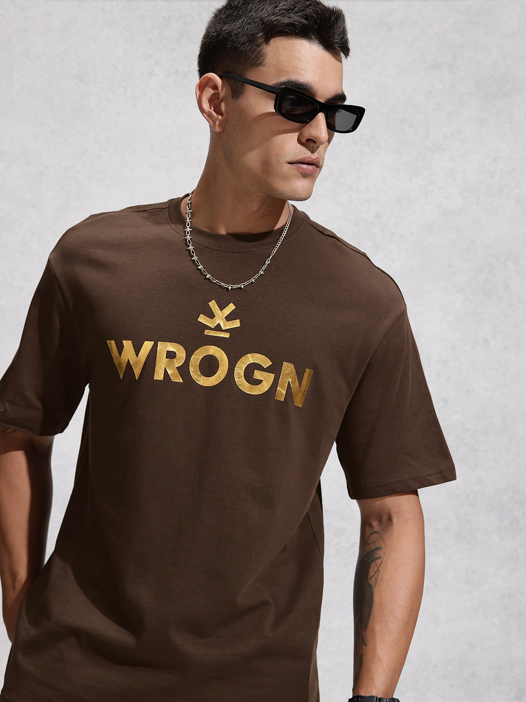 WROGN Brand Logo Printed Drop-Shoulder Pure Cotton Oversized T-shirt