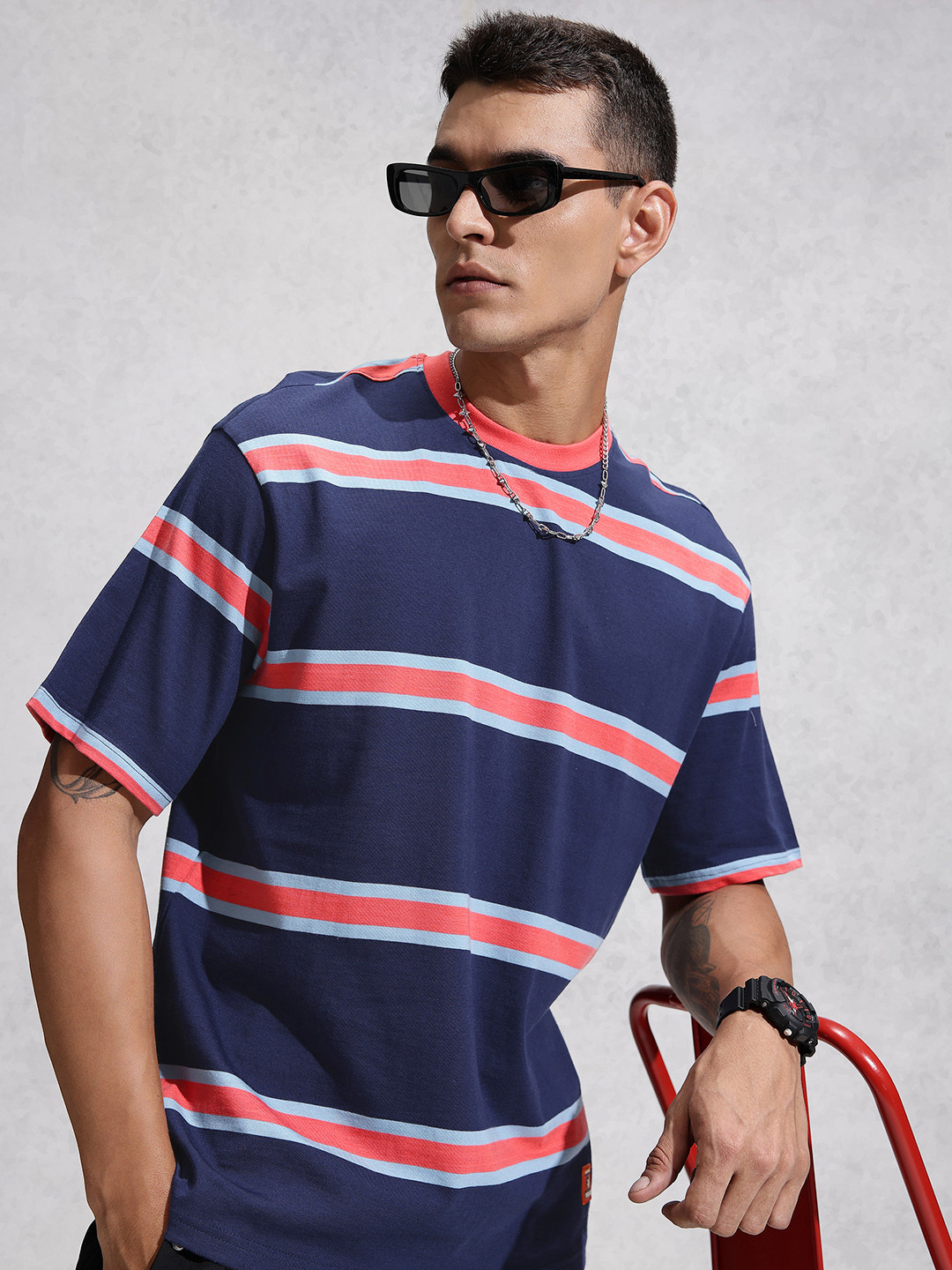 WROGN Striped Drop-Shoulder Sleeves Pure Cotton Oversized T-shirt