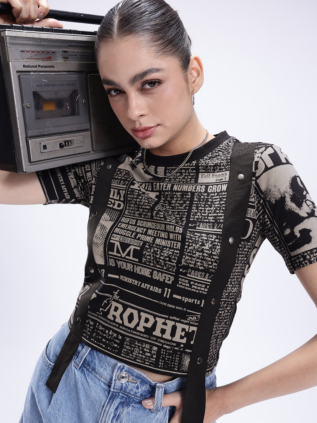 Kook N Keech Harry Potter Typography Printed Crop T-shirt with Contrast Strap Detail