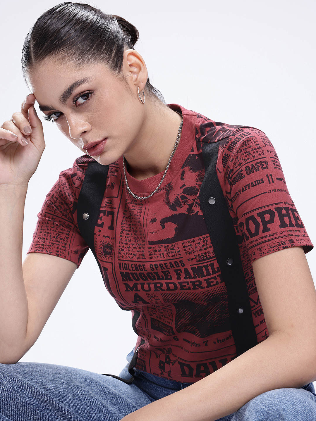 Kook N Keech Harry Potter Typography Printed Crop T-shirt with Contrast Strap Detail