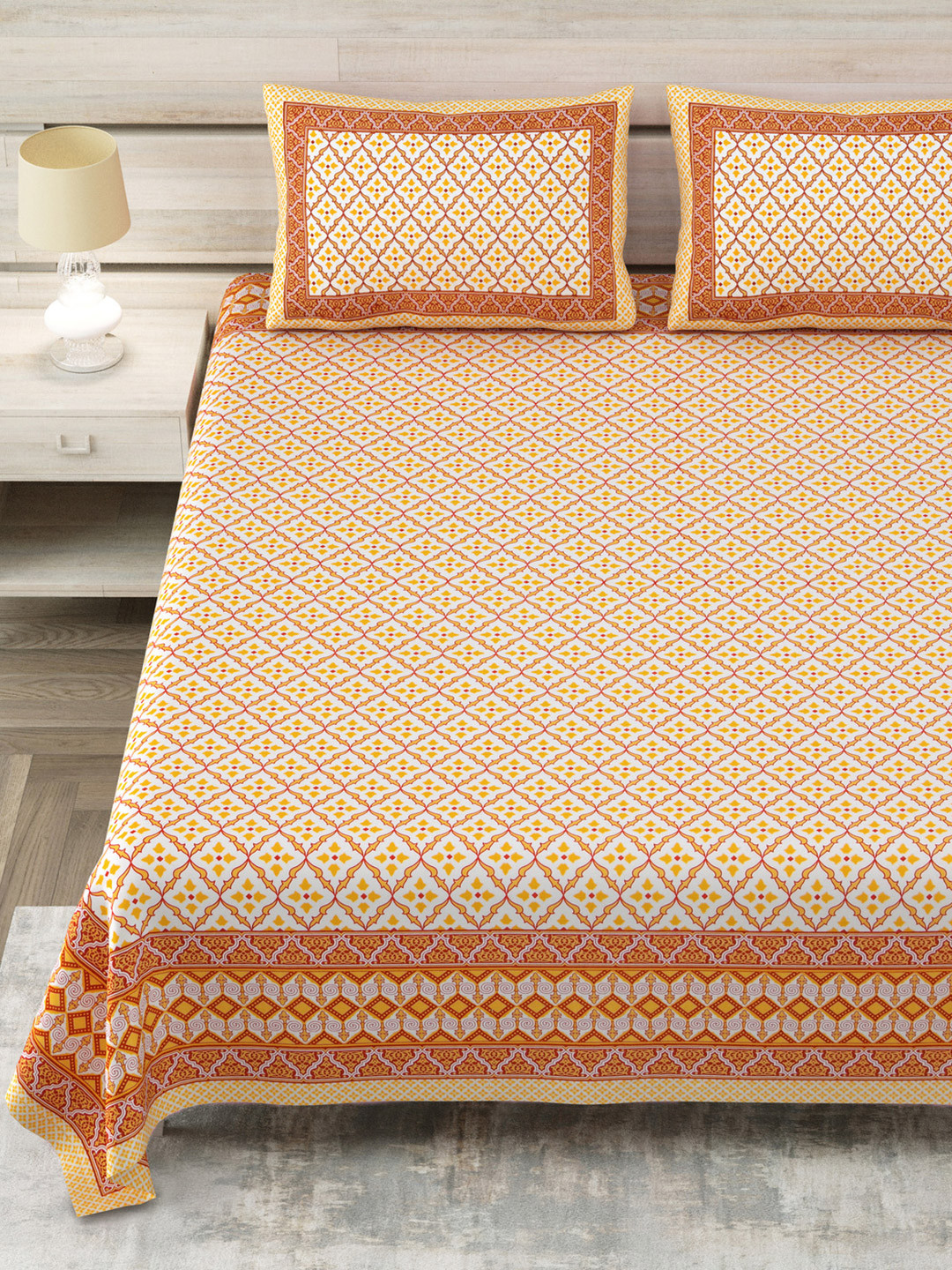 Aapno Rajasthan Yellow Graphic Cotton 144 TC King Bedsheet with 2 Pillow Covers-108 x 108 inches