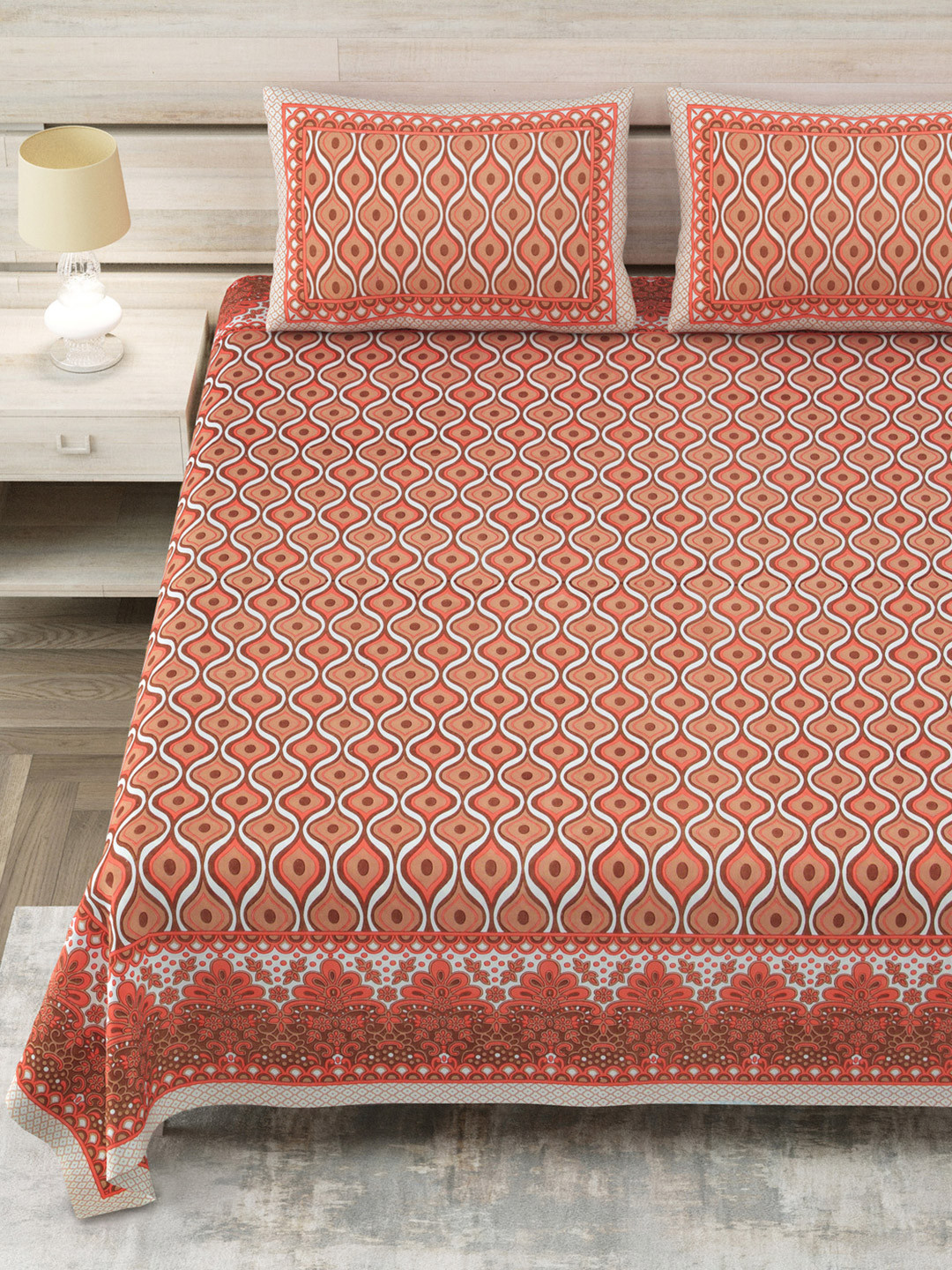 Aapno Rajasthan Red Graphic Pure Cotton 144 TC Double Bedsheet with 2 Pillow Covers-108 x 108 inches