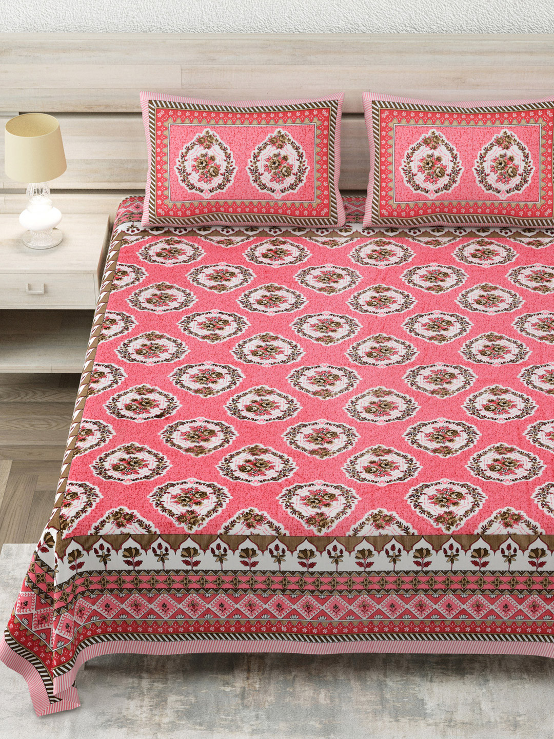 Aapno Rajasthan Jaipuri Pink Floral Pure Cotton 144 TC King Bedsheet with 2 Pillow Covers-108 x 108 inches
