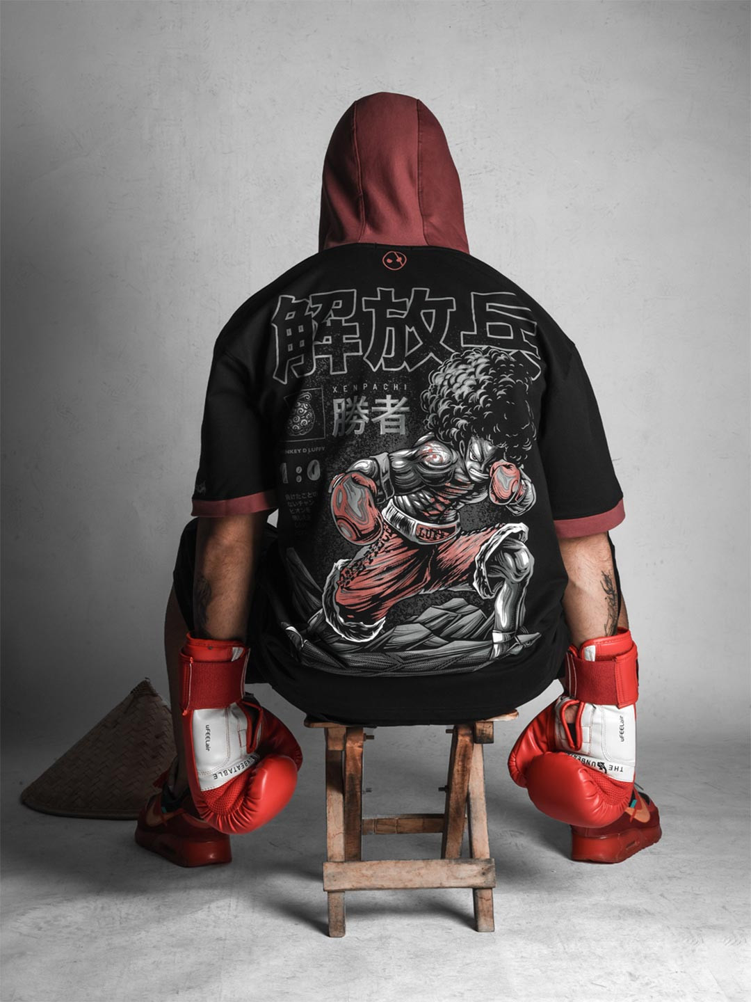 Xenpachi Anime Afro Printed Oversized Drop Shoulder Hooded T-shirt