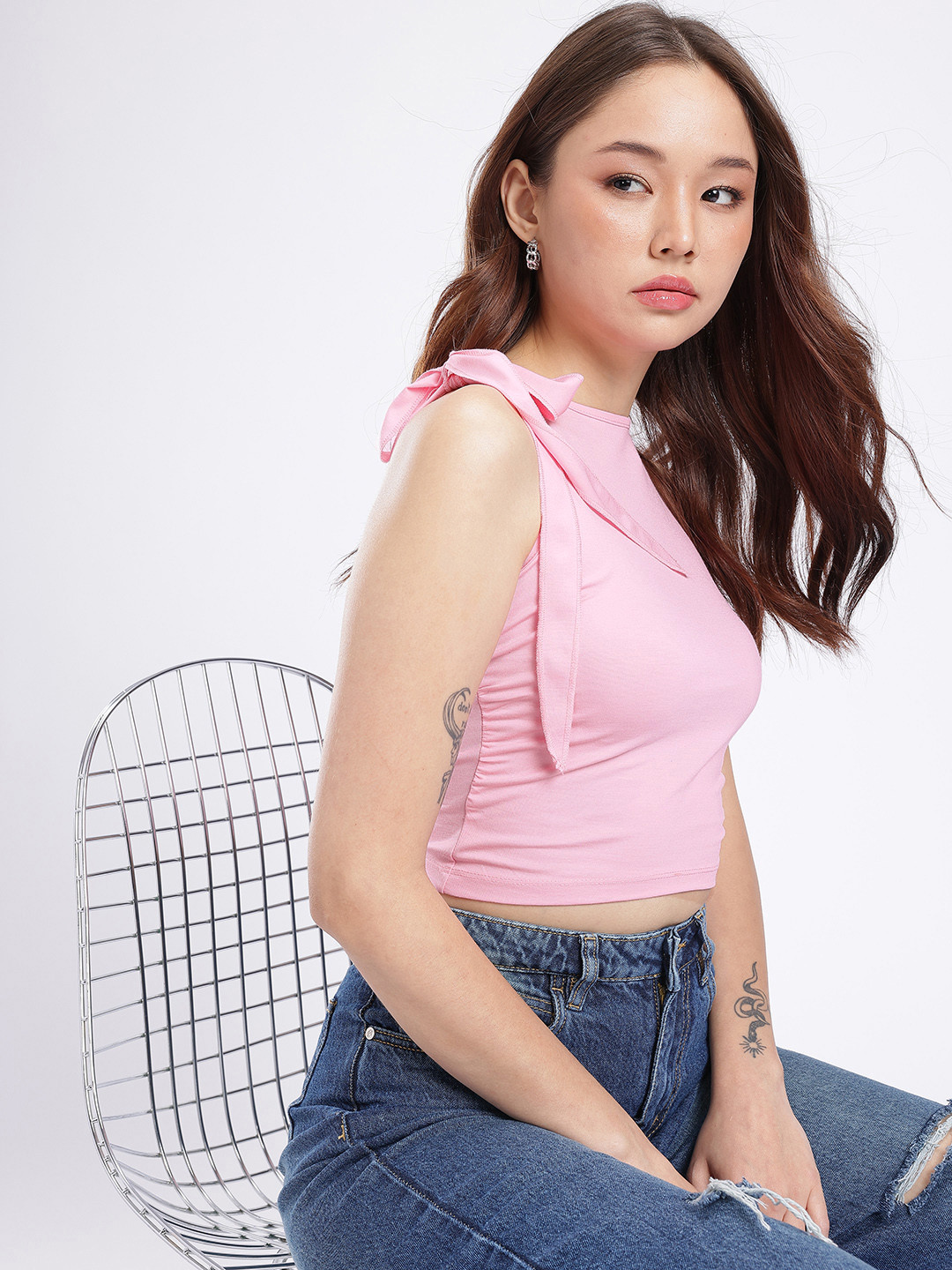 glitchez Sleeveless Tie-Up & Gathers Detail Fitted Crop Top