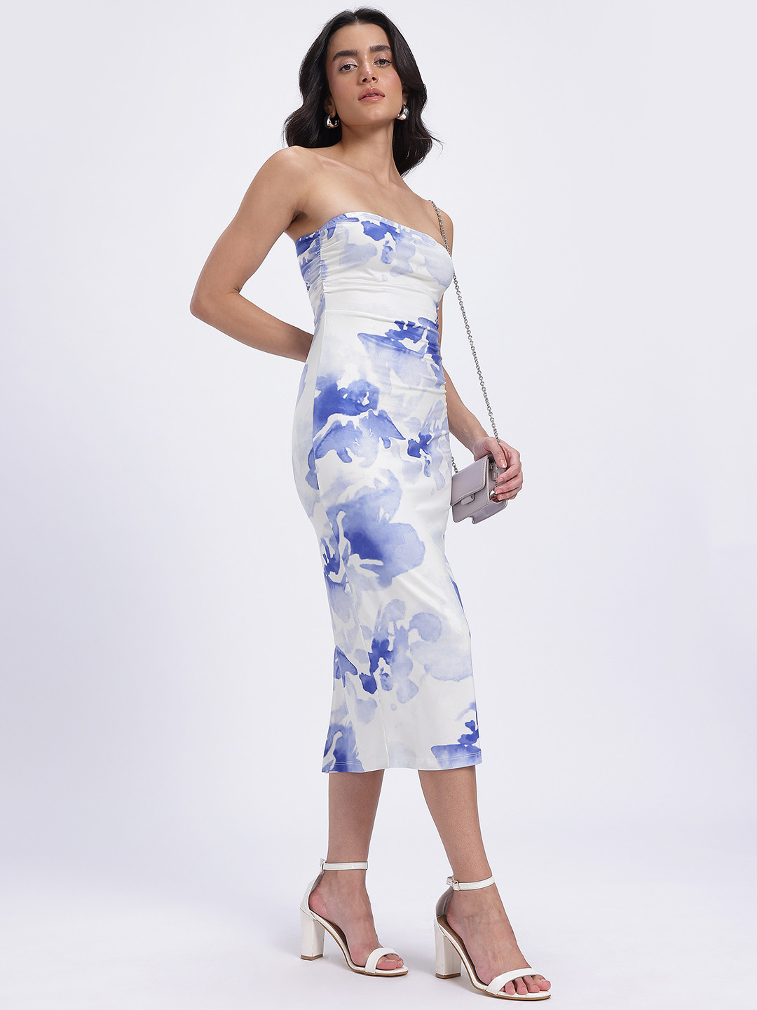 glitchez Printed Ruched Midi Fitted Bandeau Dress with Slit