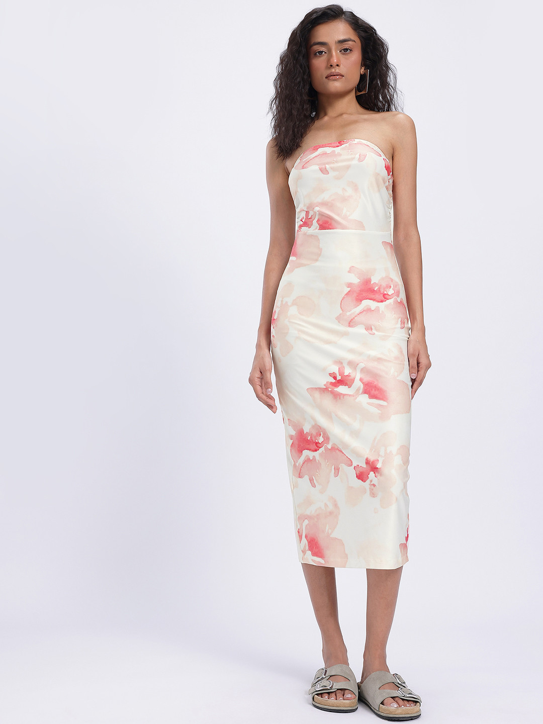 glitchez Printed Ruched Midi Fitted Bandeau Dress with Slit