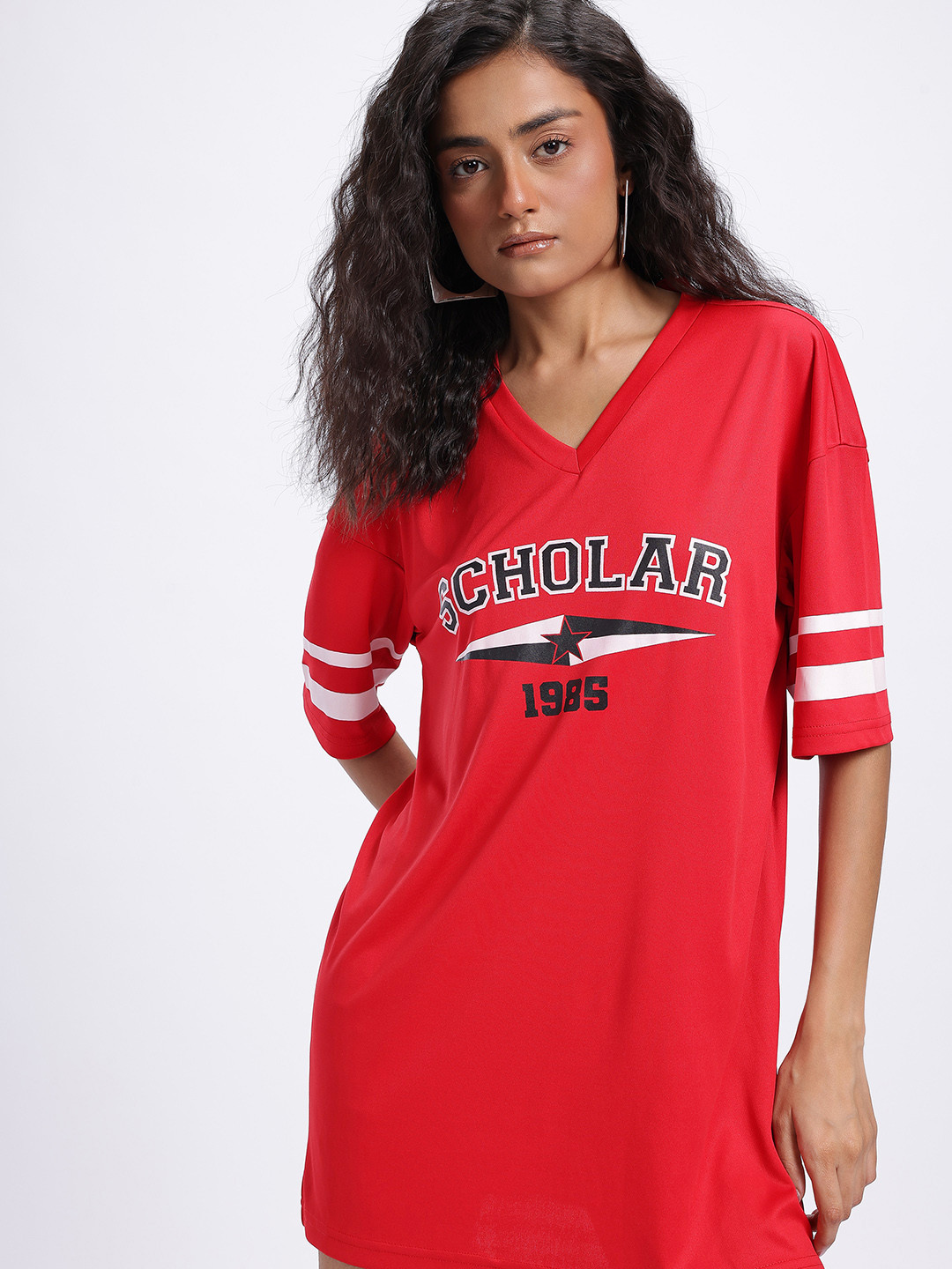glitchez Varsity Print Drop-Shoulder Oversize T-shirt Dress