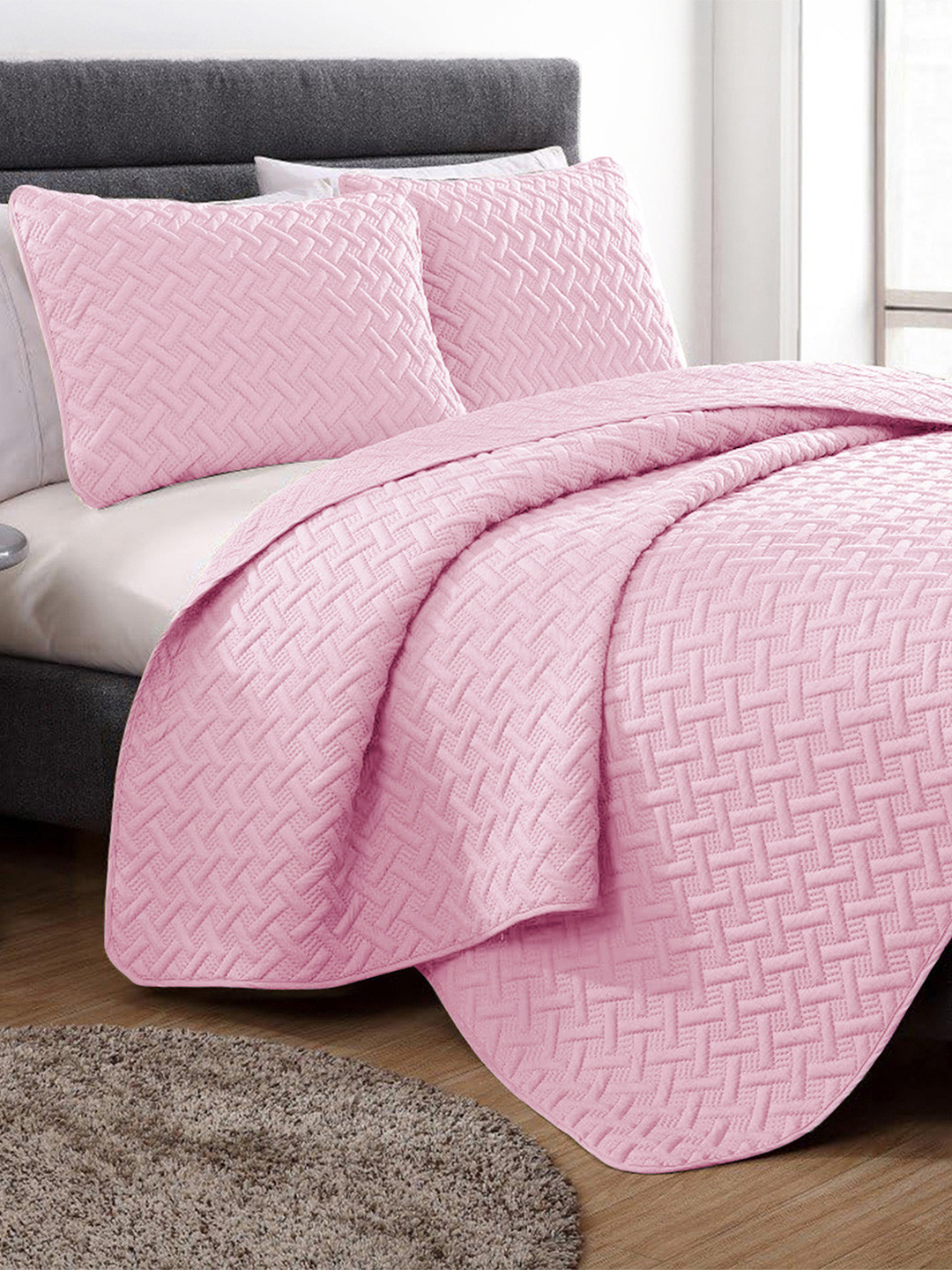 Story@home 3Pcs Pink 400 TC Textured Quilted Bed Cover With 2 Pillow Covers