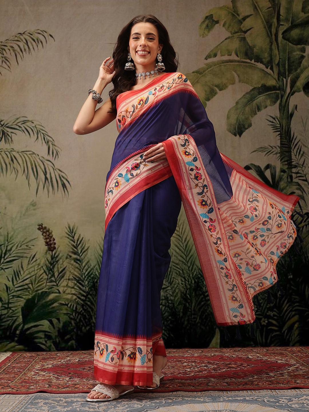 DIVASTRI Cotton Blend Paithani Animal Digital Printed Saree