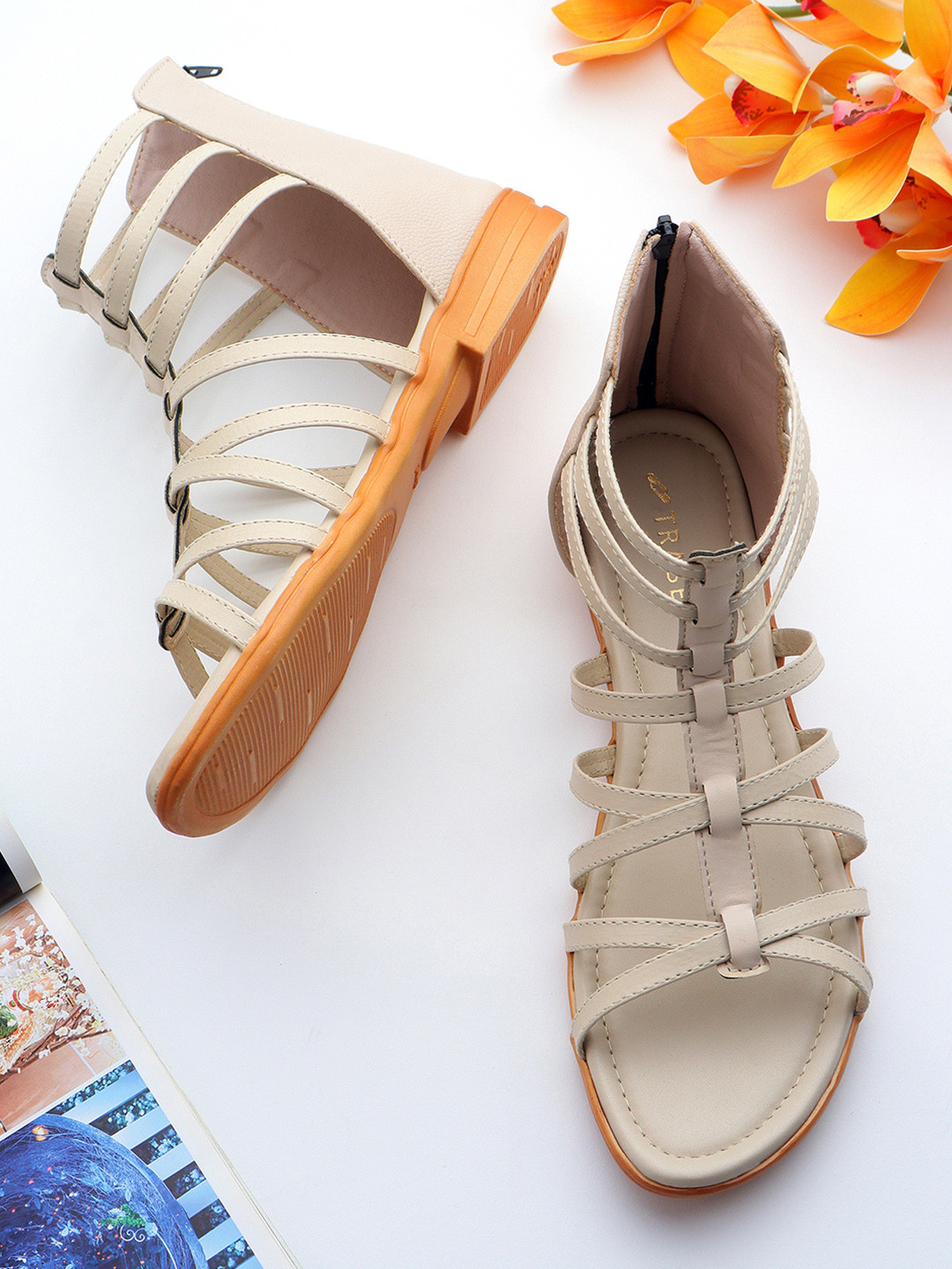 TRASE Cream Strappy Gladiators Flats
