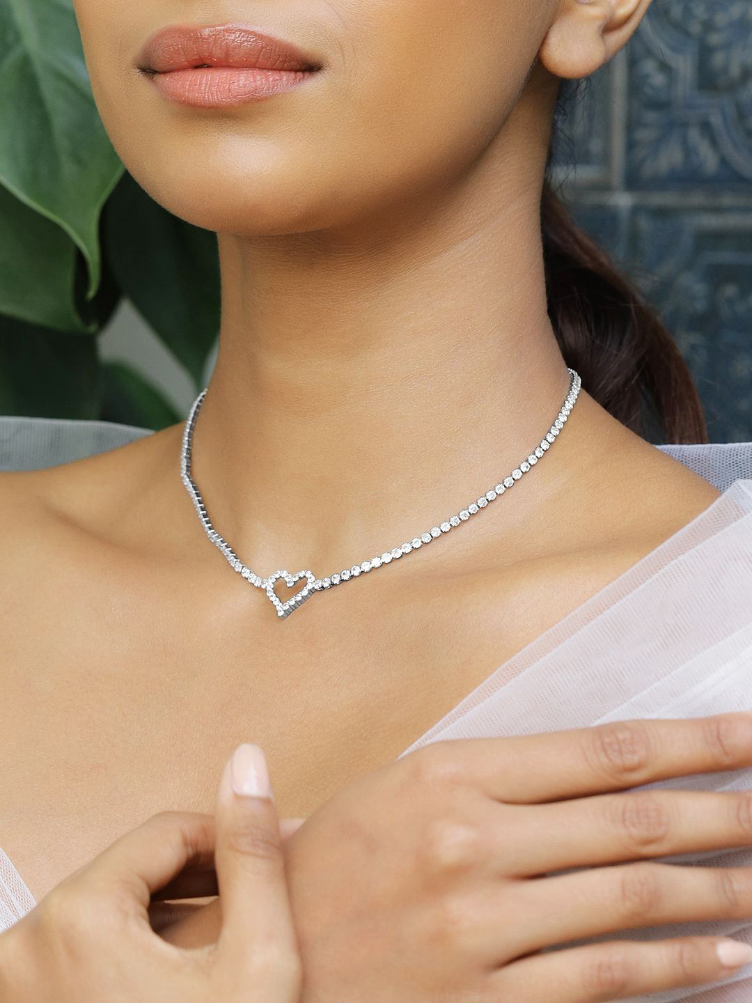 Rubans Rhodium Plated Heart Shaped Cubic Zirconia Studded Tennis Statement Necklace