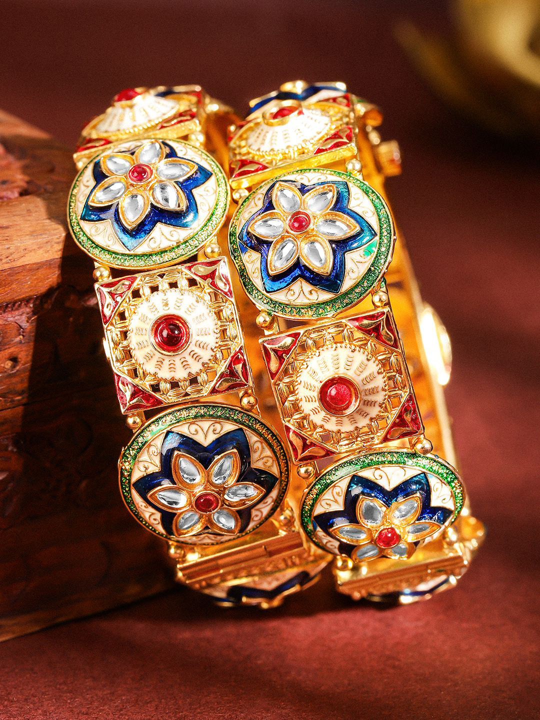 Rubans Set of 2 22K Gold Plated Bangles with Red Stones Kundan & Multicolor Enamel Work
