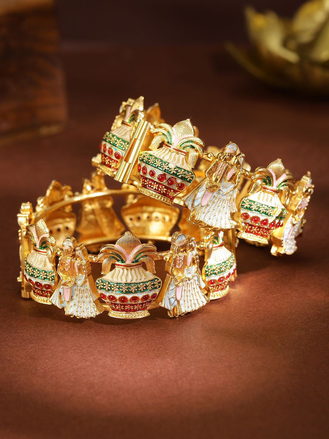 Rubans Set of 2 22K Gold Plated Handcrafted Bridal Bangles with Multicolor Enamel Work