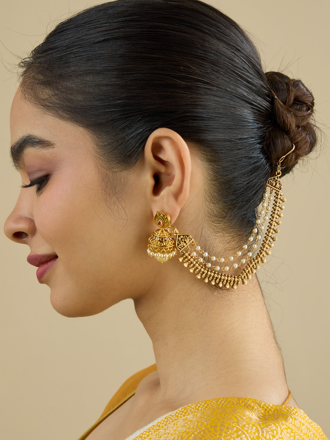 Kushal's Fashion Jewellery Women Gold-Plated Pearl Studded Ethnic Antique Matil Earrings