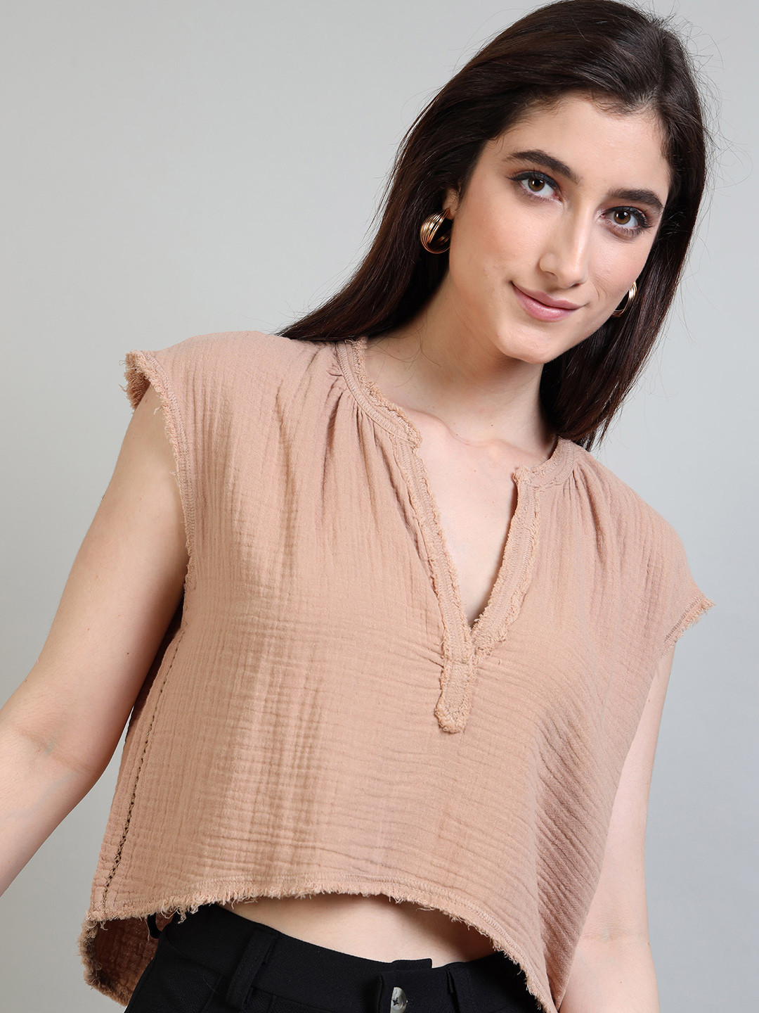 GLAM & CHIQUE Women Sleeveless V Neck Double Cloth Pure Cotton Solid Crop Top