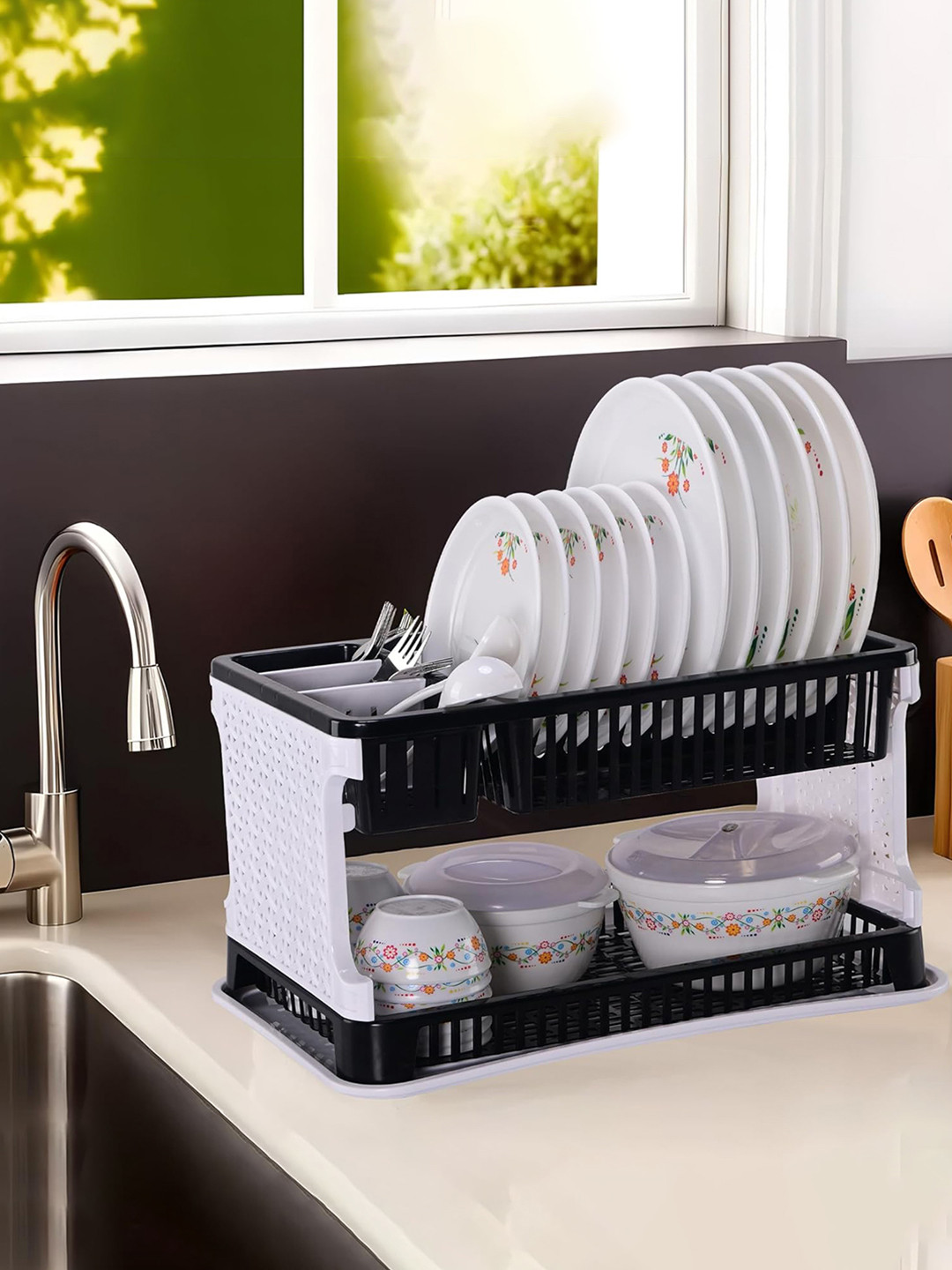 Kuber Industries Plastic Kitchen Dish Rack with Drainer Drying Rack white black