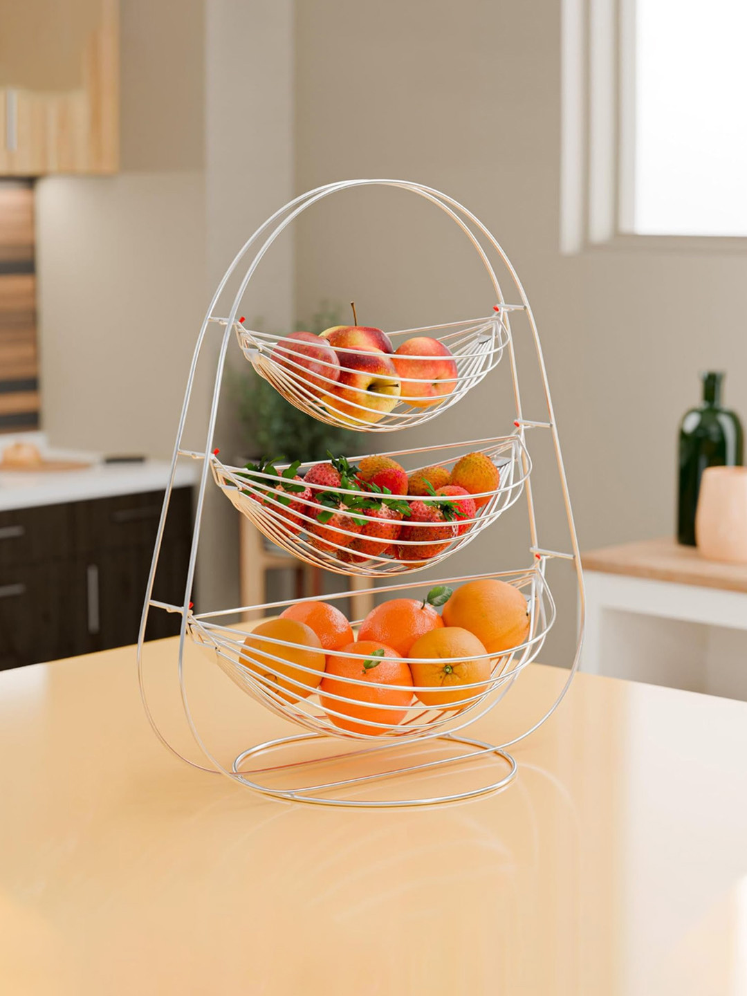 Kuber Industries Silver Toned 3-Tier Swing Fruit and Vegetable Basket