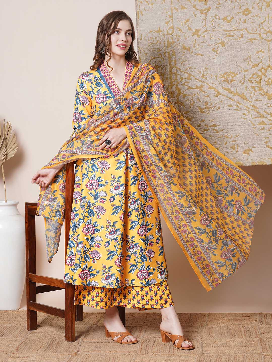 DIVASTRI Cia Floral Printed V-Neck Pleated Anarkali Kurta With Palazzos & Dupatta