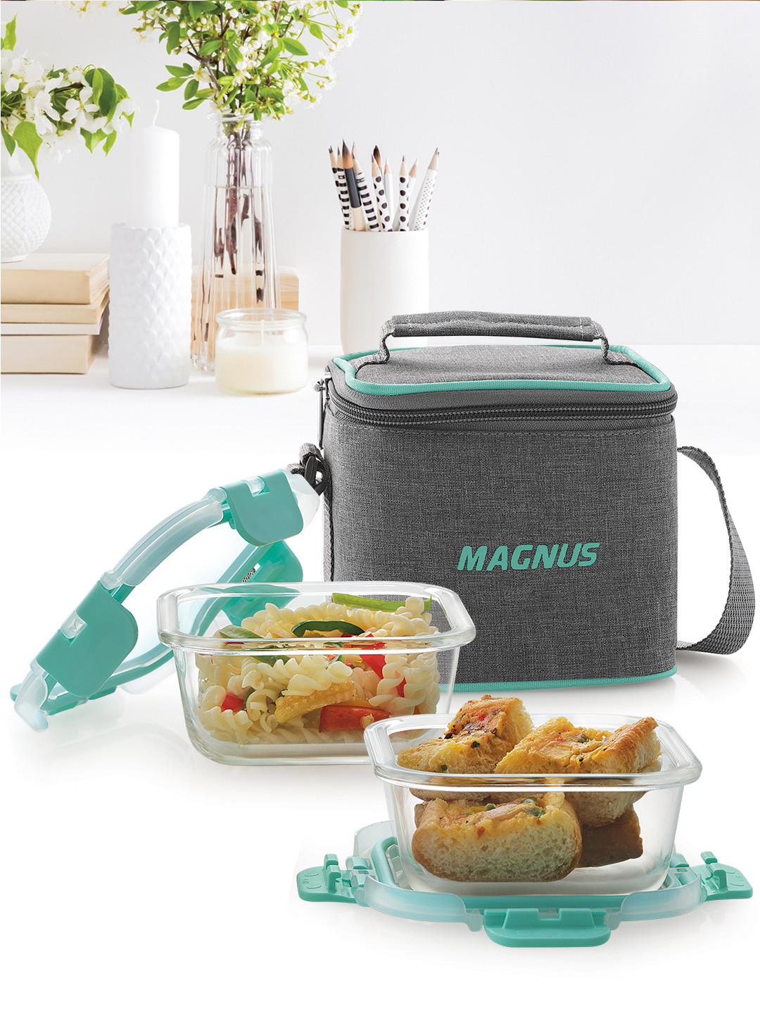 MAGNUS Glock Linen Glass Dishwasher and Microwave Safe 3PCs Lunch Box With Spoon and Fork