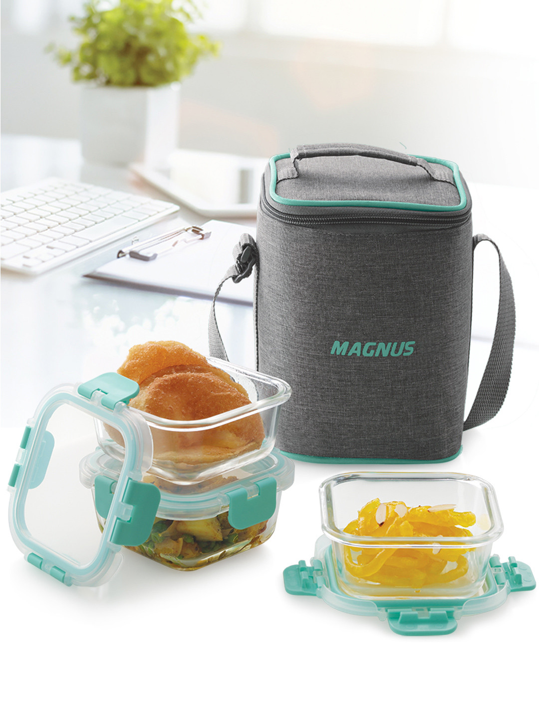 MAGNUS glock linen Glass Dishwasher and Microwave Safe 4PCs Lunch Box With Spoon and Fork