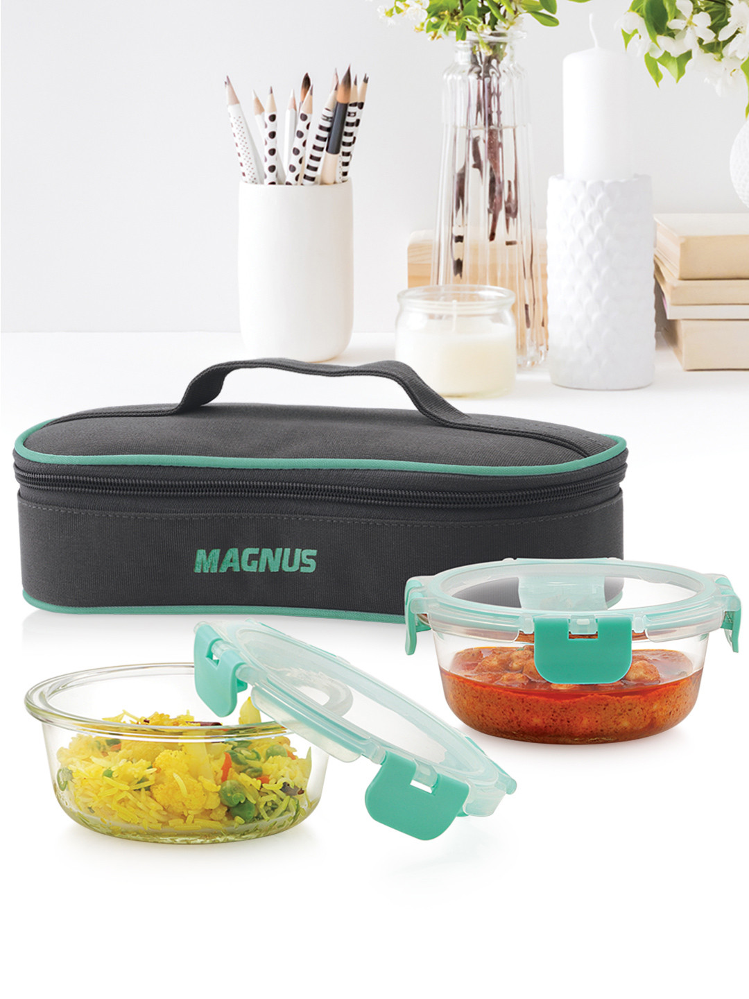 MAGNUS Glock Glass Dishwasher and Microwave Safe 3PCs Lunch Box With Spoon and Fork