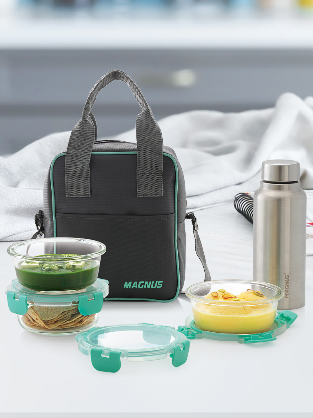 MAGNUS G-Lock Glass Dishwasher and Microwave Safe 5PCs Lunch Box With Spoon and Fork