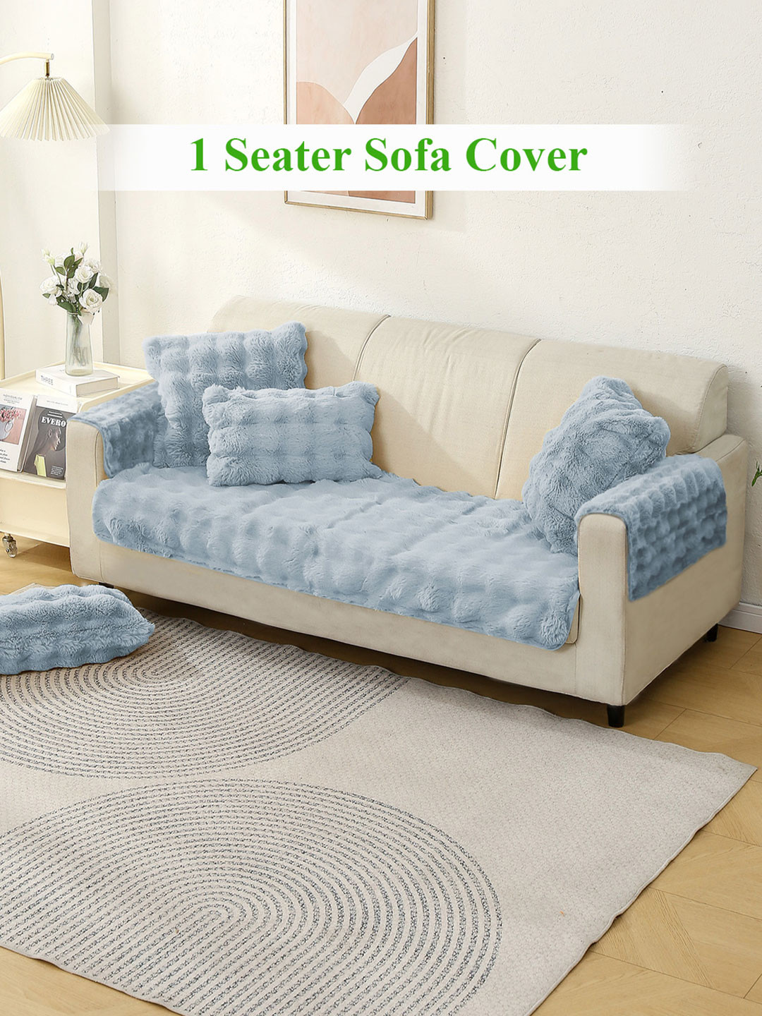 HOKIPO Blue Faux Fur 1 Seater Sofa Seat Mat & 2 Armrest Covers
