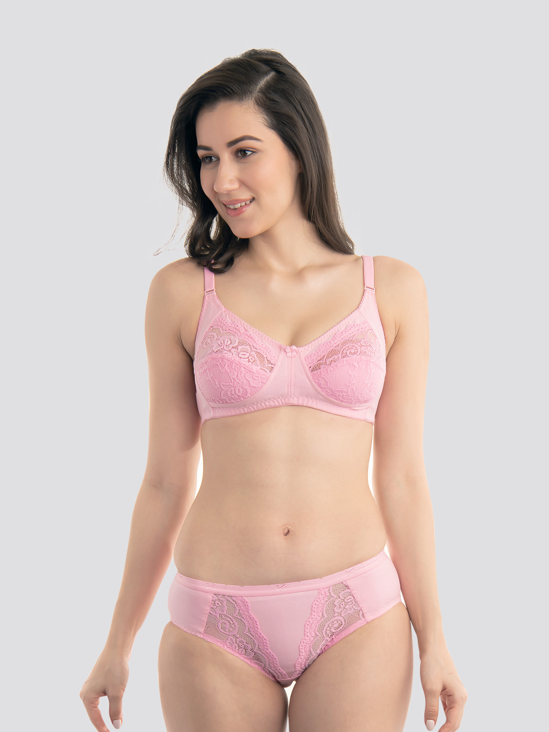 K LINGERIE Pack of 1 Audi Bikini Cut Lace Bra Panty Set PNK