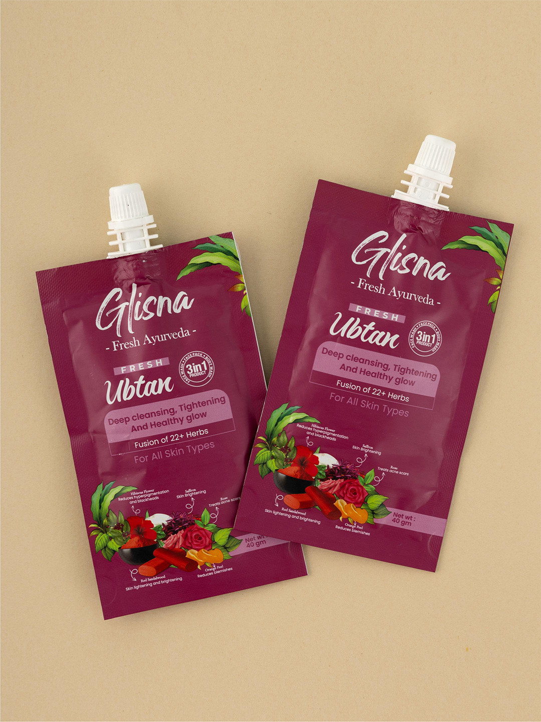GLISNA Set Of 2 Ubtan Face Pack For Deep Cleansing, Tightening & Healthy Glow - 40 g Each