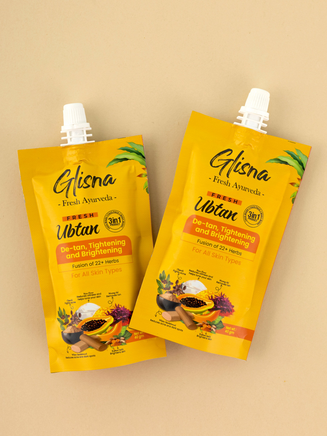 GLISNA Set Of 2 Ubtan Face Pack For De-tan, Tightening & Brightening - 40 g Each